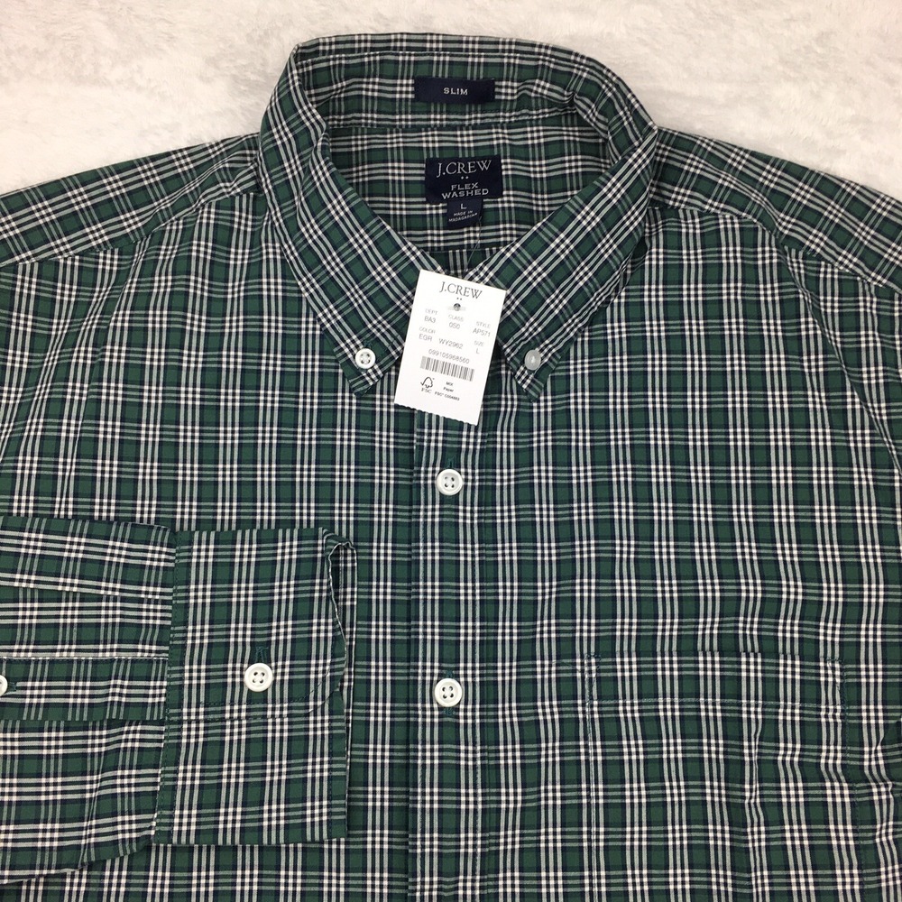 J. CREW Shirt Mens Large Green Plaid Slim Fit‎ Flex Washed NWT!